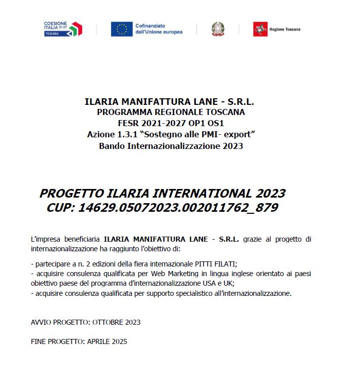 PROGETTO ILARIA INTERNATIONAL 2023 - PROGRAMMA REGIONALE TOSCANA FESR 2021-2027 OP1 OS1